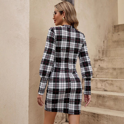 Women's figure-hugging plaid dress with long sleeves and waist belt NOVAE