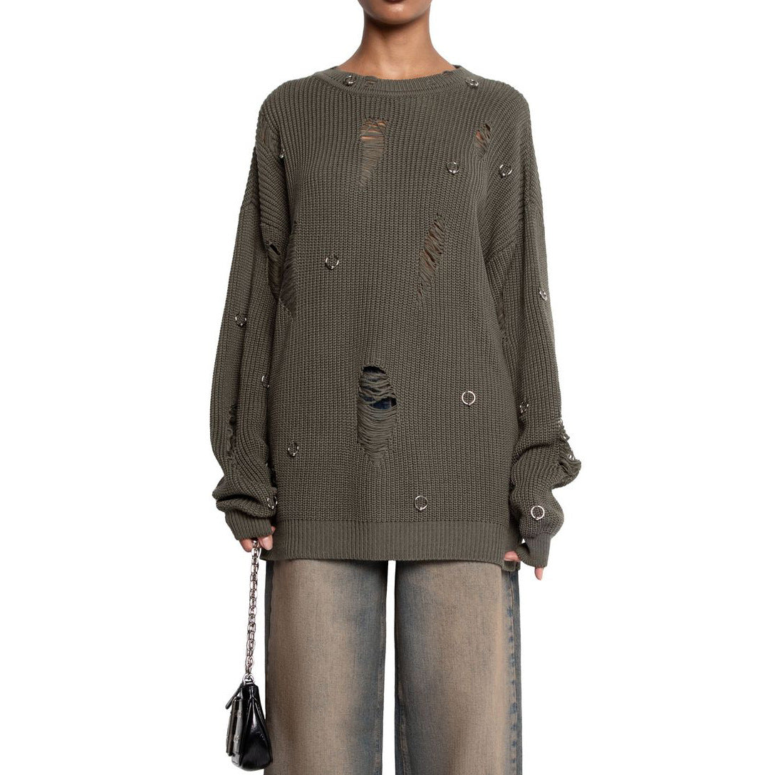 Women's casual sweater with fashionable ripped details and jewelry appliqués NOVAE