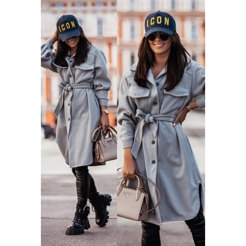 Women's Oversized Shirt Dress with Fashionable Belt and Pockets NOVAE