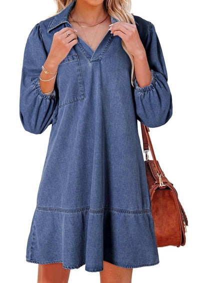 Women's denim dress with voluminous sleeves and side pocket NOVAE