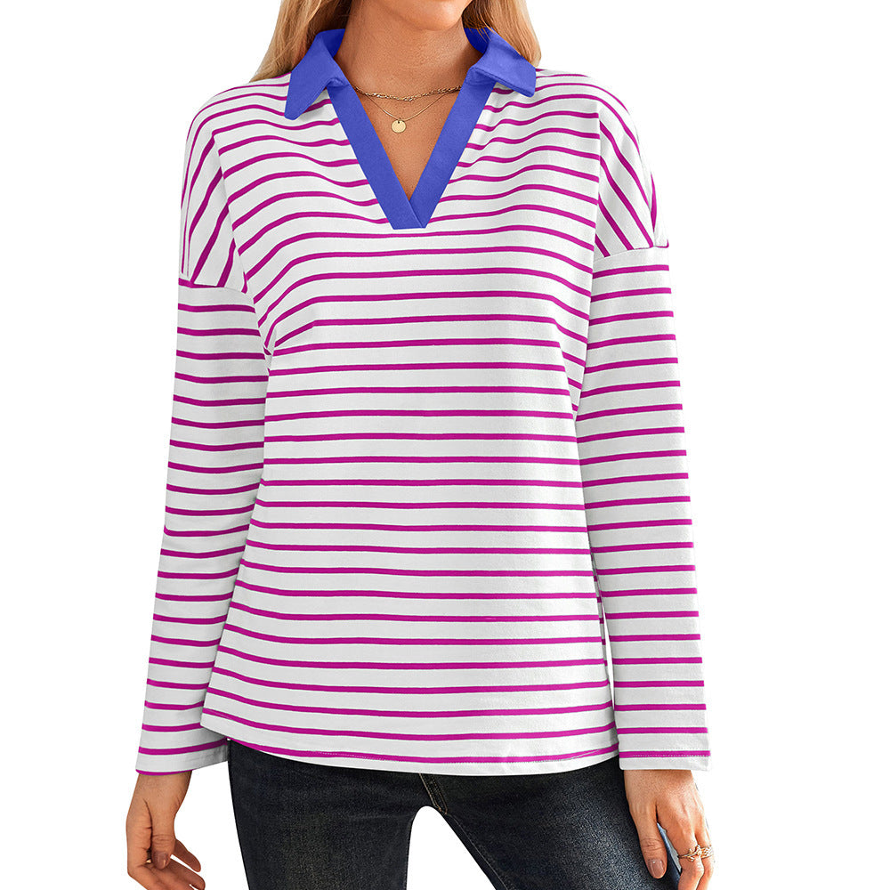 Women's striped polo shirt with V-neck and contrasting collar NOVAE