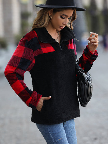 Women's Plush Half-Zip Checkered Sweater NOVAE