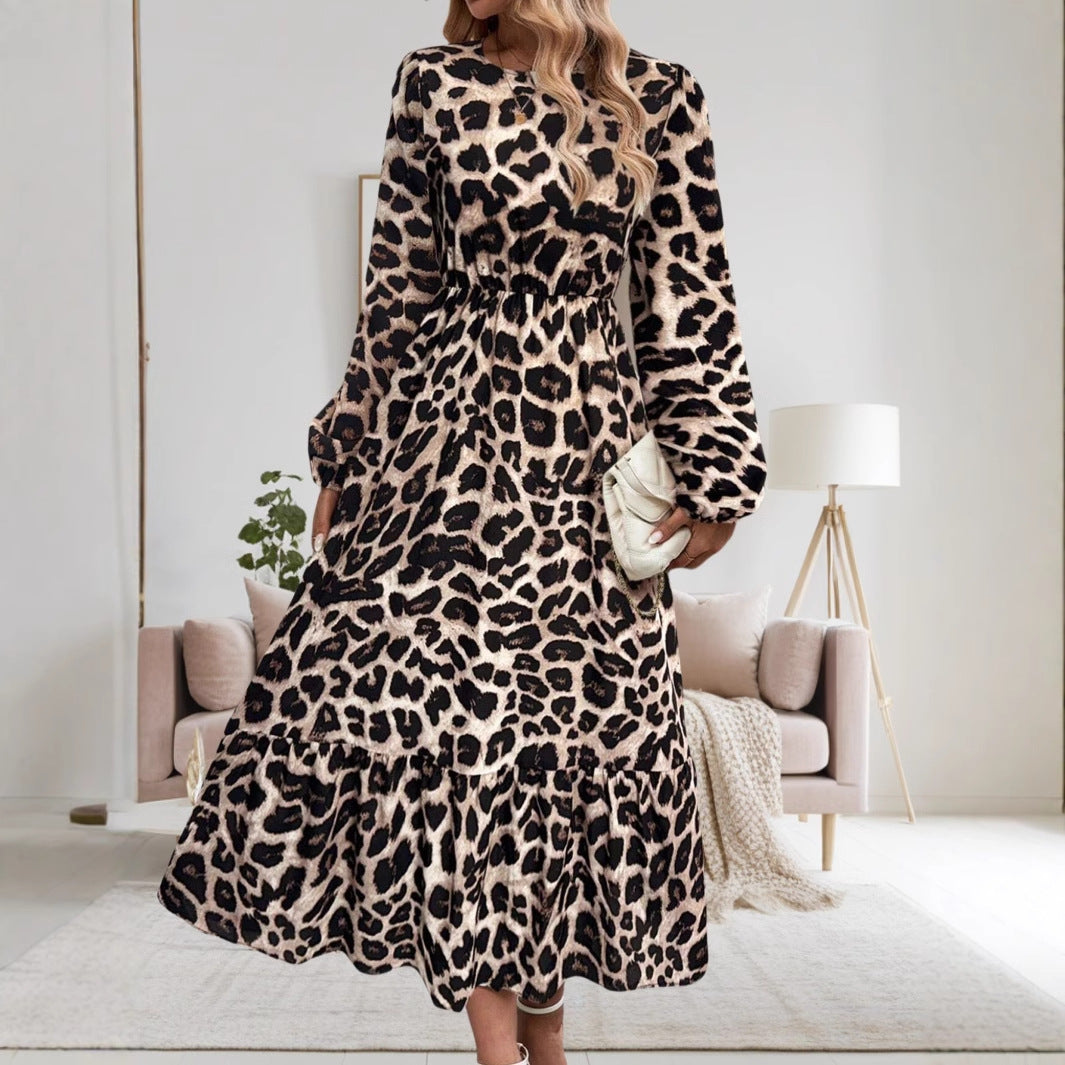 Women's Elegant Long-Sleeve Maxi Dress with Modern Animal Print and Asymmetrical Hem NOVAE