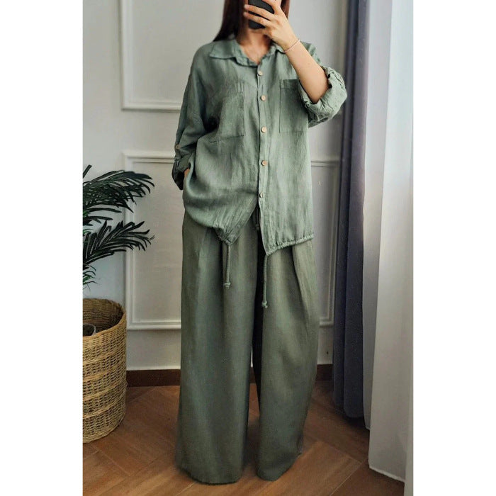Women's linen set with wide-leg trousers and casual blouse NOVAE