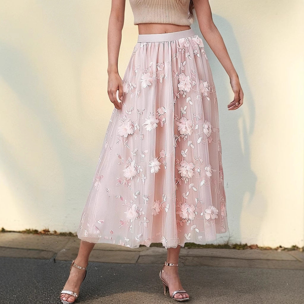 Women's Elegant Tulle Skirt with Floral Embroidery and Elastic Waistband NOVAE