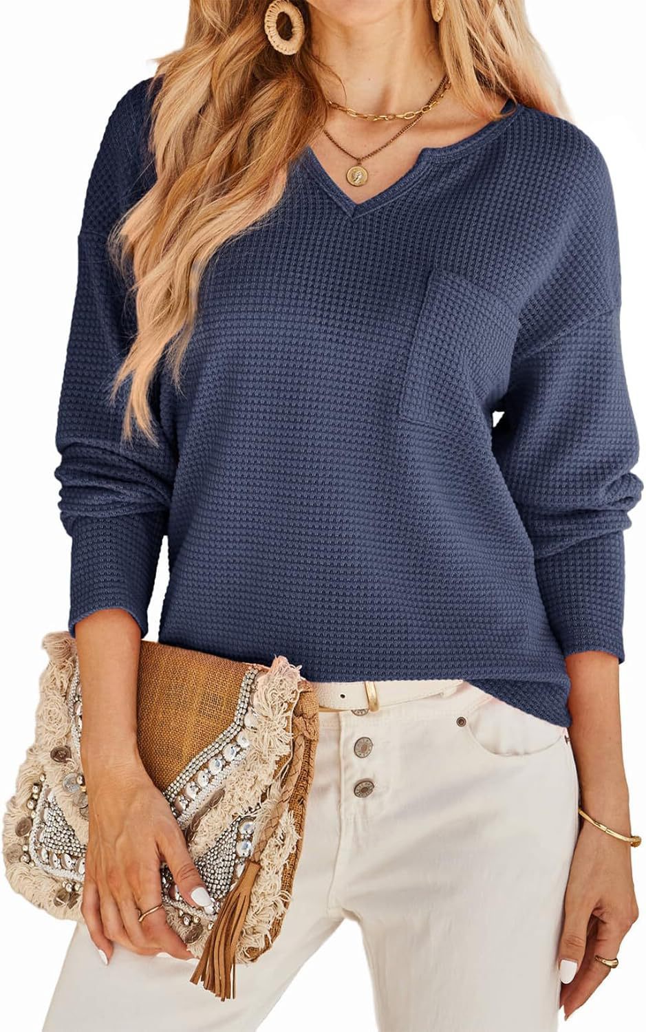 Women's casual V-neck sweater with pockets and textured design NOVAE