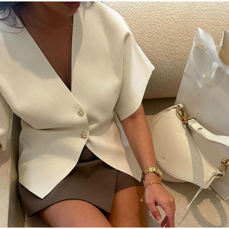 Women's fashionable blouse with V-neck and short sleeves NOVAE