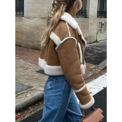 Women's short leather jacket with faux fur trim NOVAE