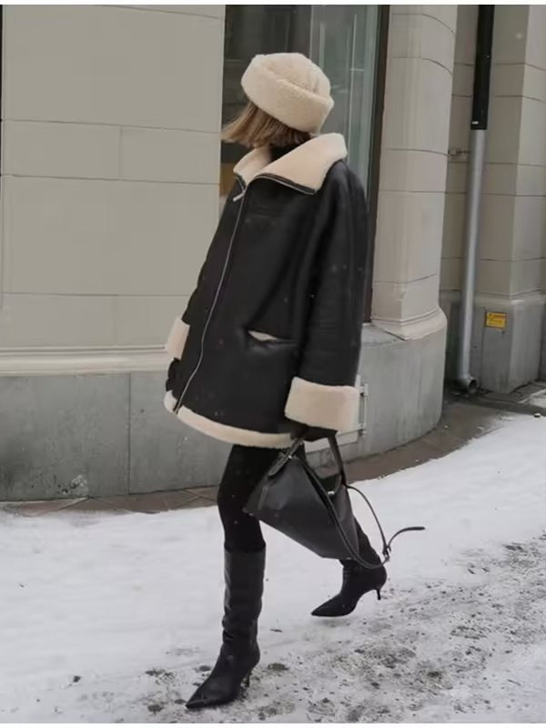 Women's faux leather jacket with cozy lining and high collar NOVAE