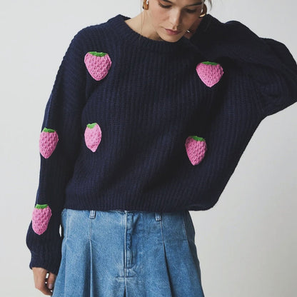 Women's knit sweater with unique strawberry design and comfortable cut NOVAE