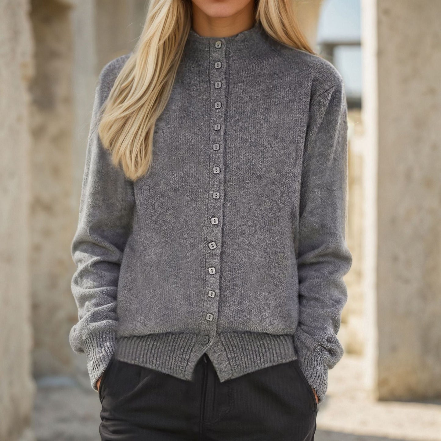 Women's cardigan with decorative buttons and high collar NOVAE