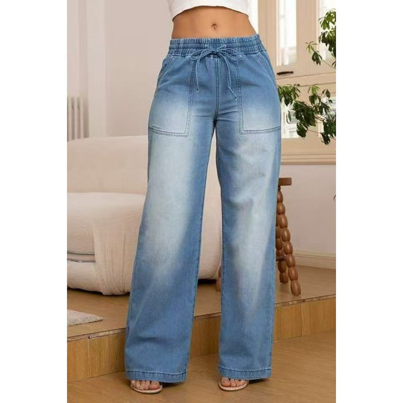 Women's wide-leg denim trousers with elasticated waistband and side pockets NOVAE