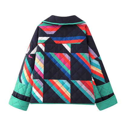 Women's quilted jacket with colorful geometric pattern NOVAE
