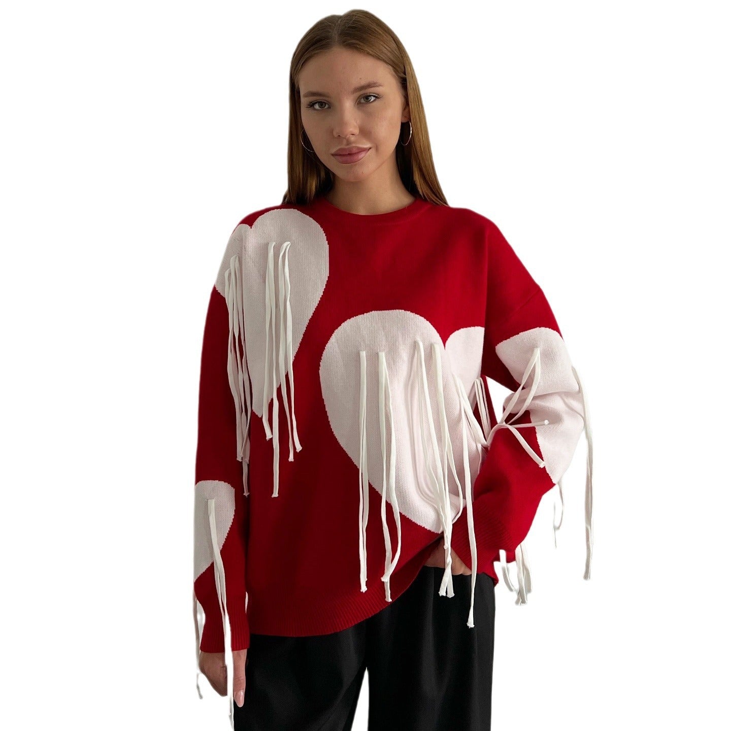 Women's fashionable sweater with a cheerful heart design and creative fringe NOVAE