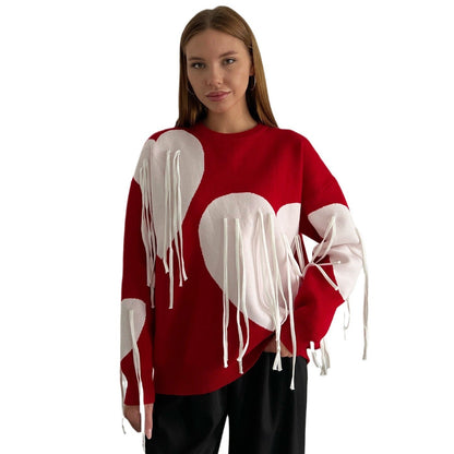 Women's fashionable sweater with a cheerful heart design and creative fringe NOVAE