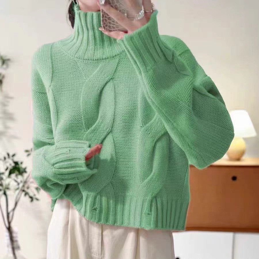 Women's knitted sweater with high collar and cable pattern NOVAE