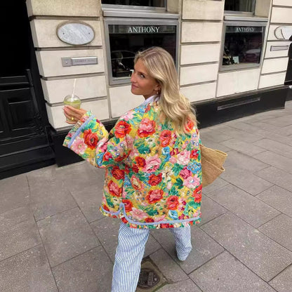 Women's throw jacket with colorful floral pattern and decorative buttons NOVAE