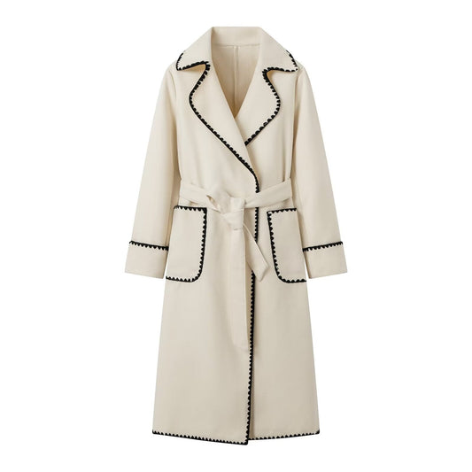 Women's elegant long coat with adjustable belt and contrasting seams NOVAE