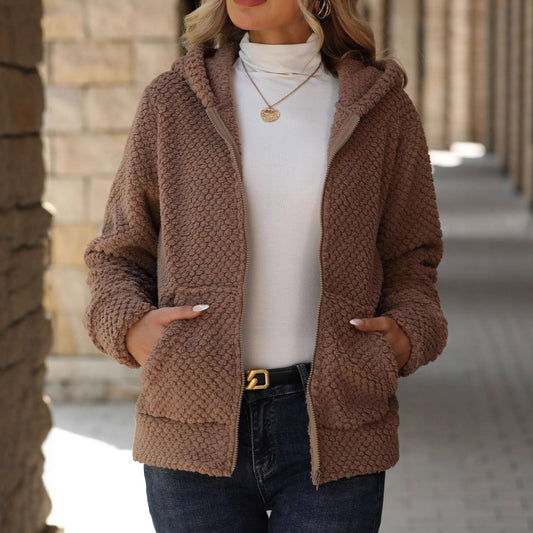 Women's Plush Fleece Jacket with Hoodie and Pockets NOVAE