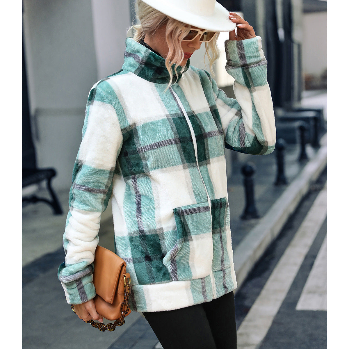 Women's fleece jacket with modern check pattern and high collar NOVAE