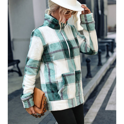 Women's fleece jacket with modern check pattern and high collar NOVAE
