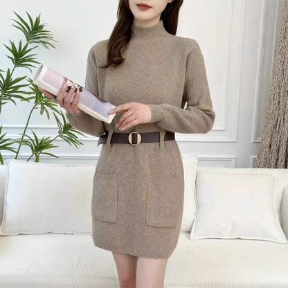 Women's knitted dress with high collar and practical pockets NOVAE