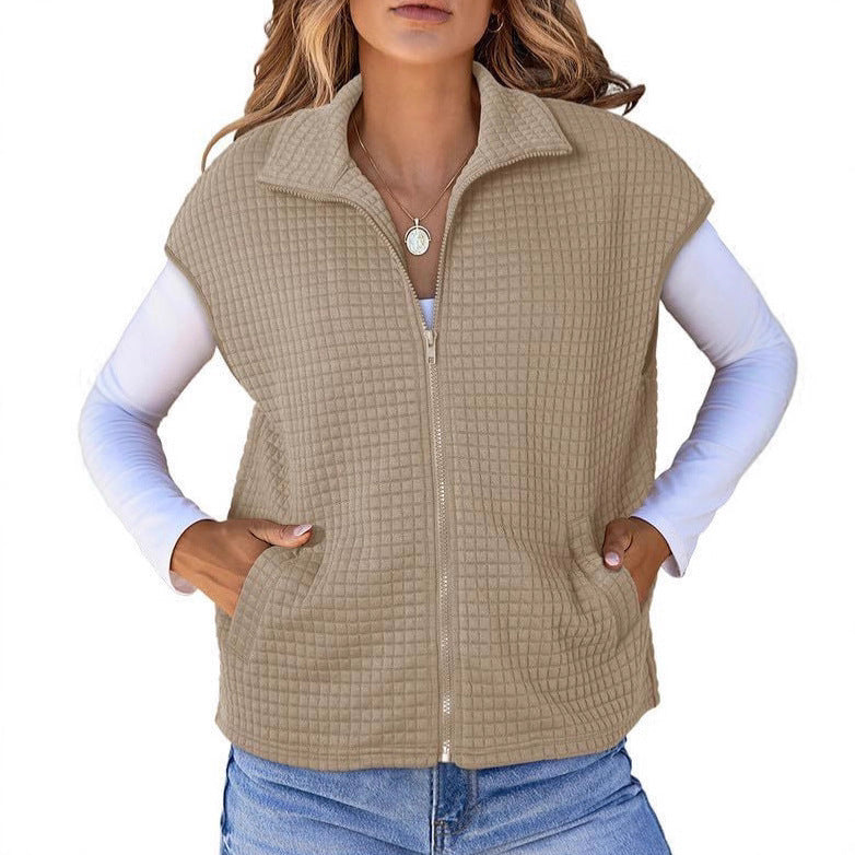 Women's Lightweight Waffle Knit Vest with Pockets and Stand-Up Collar NOVAE