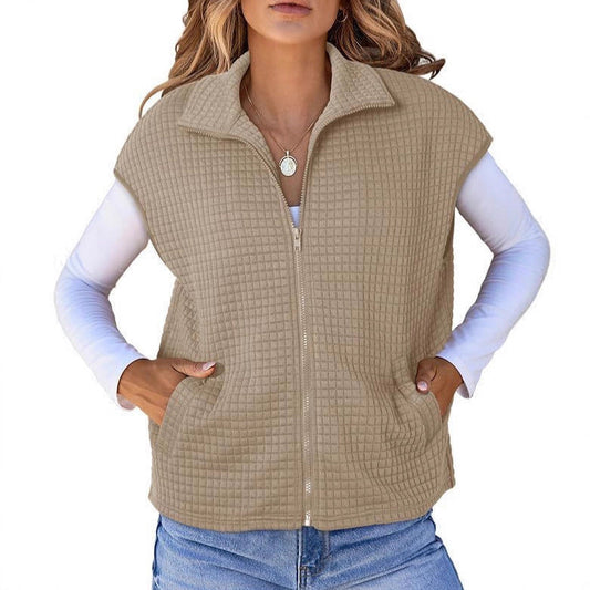 Women's Lightweight Waffle Knit Vest with Pockets and Stand-Up Collar NOVAE