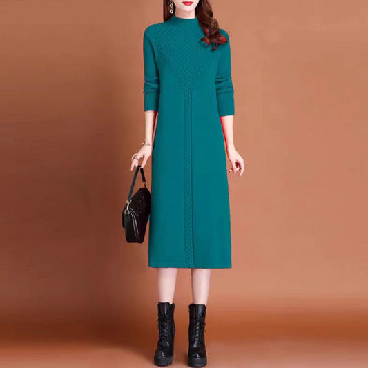 Women's knitted maxi dress with high collar and elegant cable details NOVAE