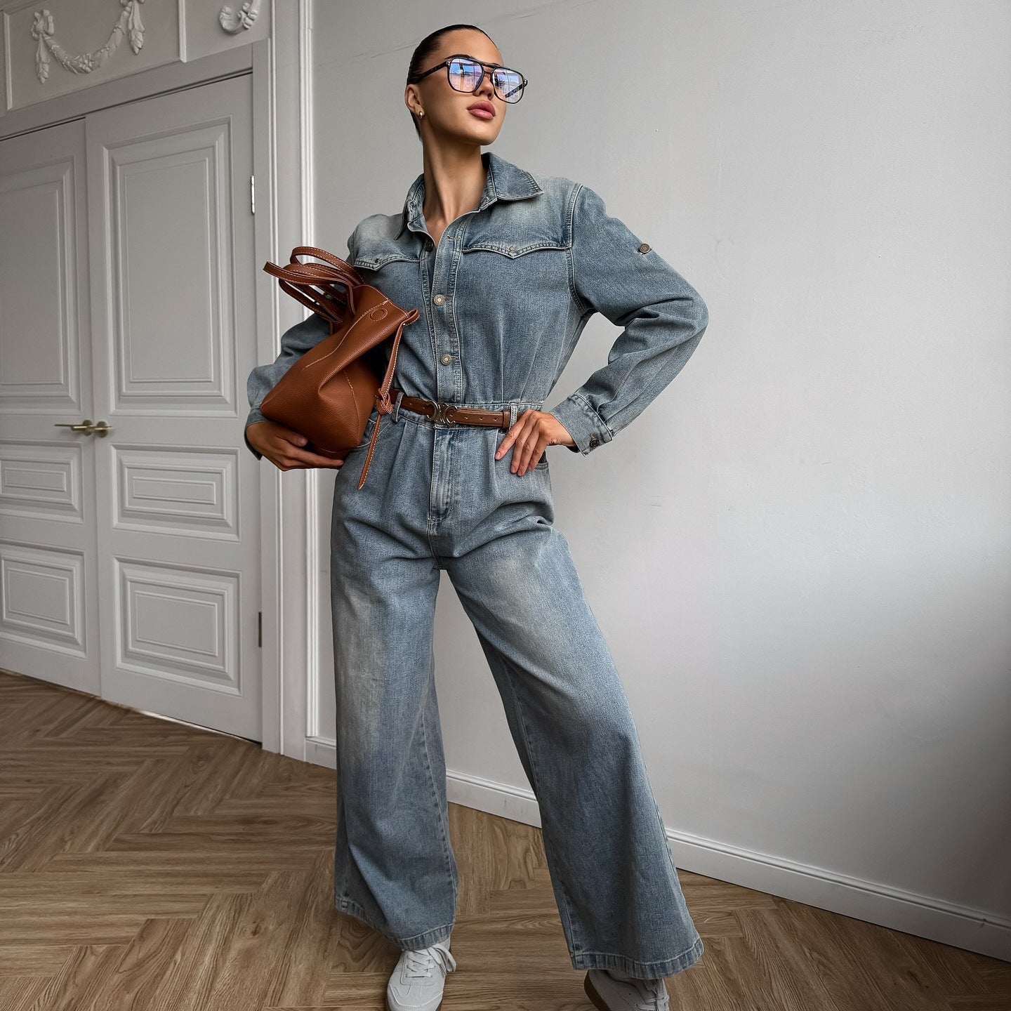 Women's denim jumpsuit with wide leg and fashionable collar NOVAE