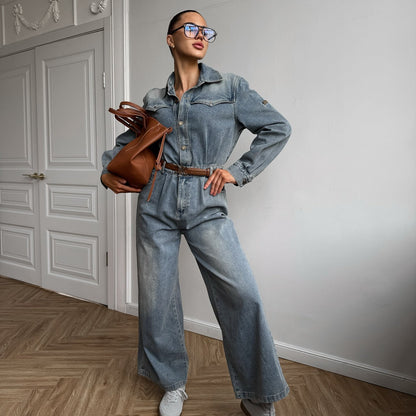 Women's denim jumpsuit with wide leg and fashionable collar NOVAE