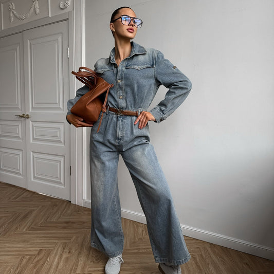 Women's denim jumpsuit with wide leg and fashionable collar NOVAE