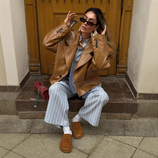 Women's short leather jacket in a stylish blazer look NOVAE