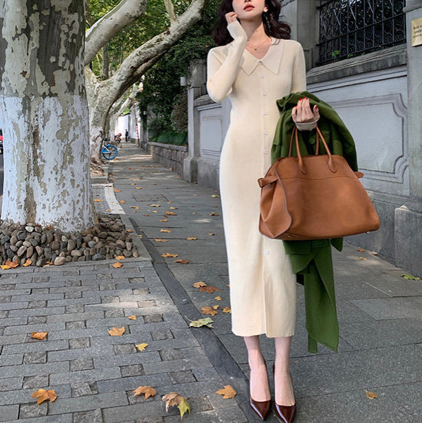 Women's knitted maxi dress with button closure and fashionable collar NOVAE