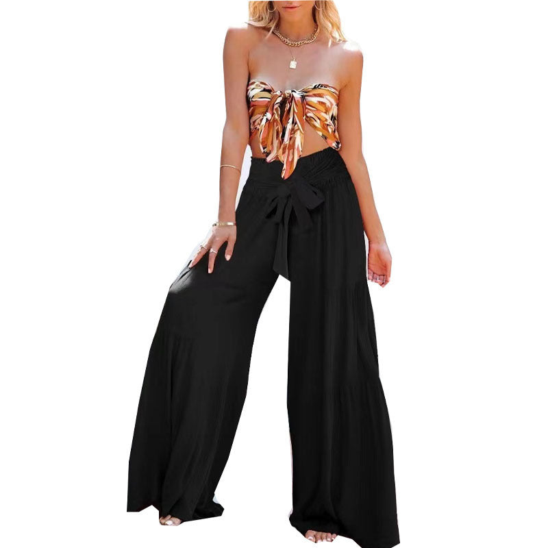 Women's wide-leg high-waisted trousers with elegant pleats and tie belt NOVAE