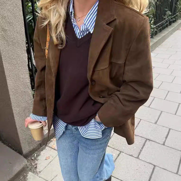 Women's vintage-style suede blazer with pockets NOVAE