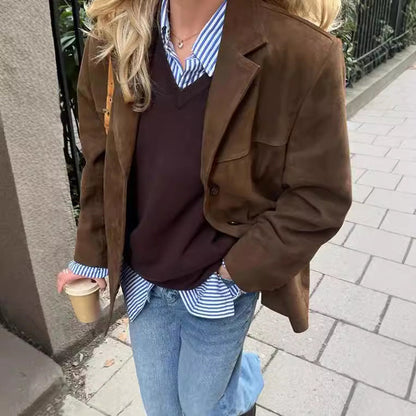 Women's vintage-style suede blazer with pockets NOVAE