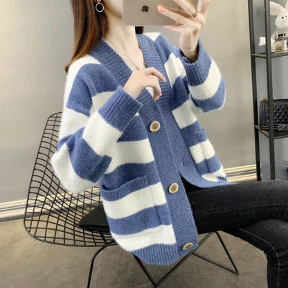 Women's chunky knit cardigan with Breton stripes and practical pockets NOVAE