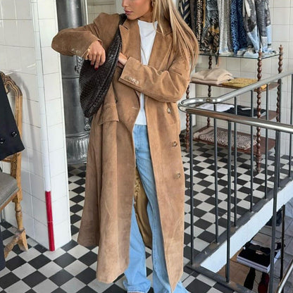 Women's elegant long coat with double button placket and practical pockets NOVAE