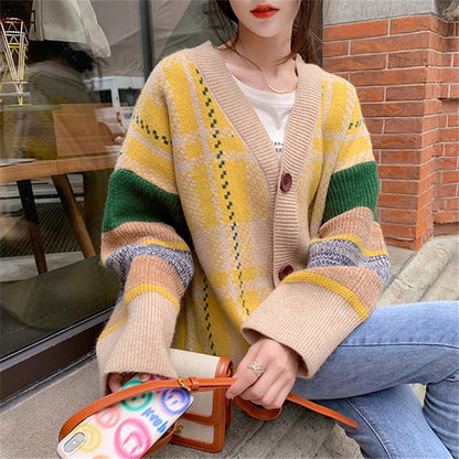 Women's chunky knit cardigan with colorful check pattern and large wooden buttons NOVAE