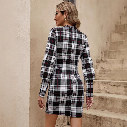 Women's figure-hugging plaid dress with high neckline and puff sleeves NOVAE