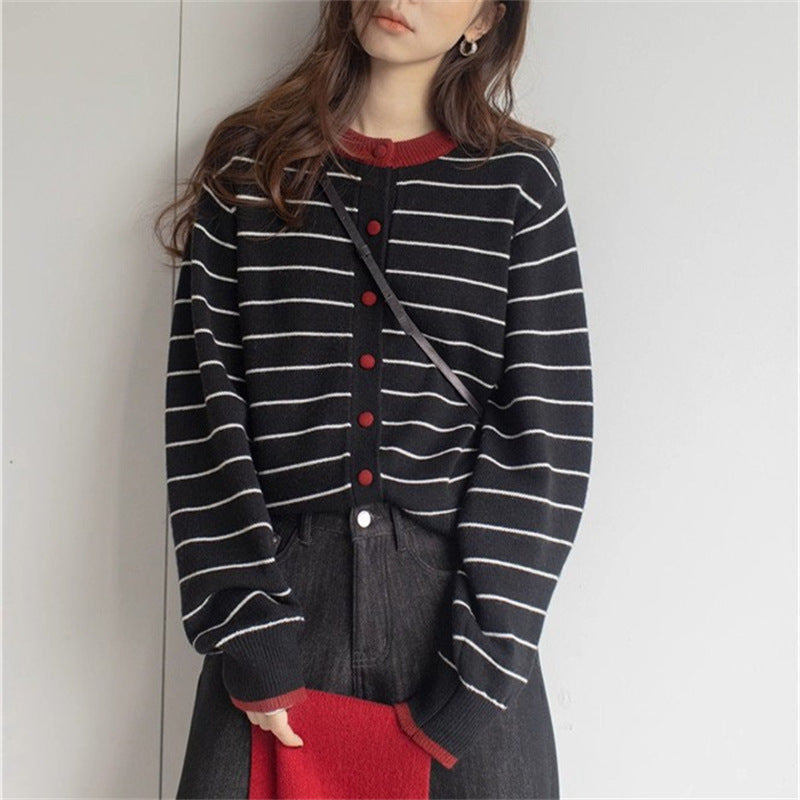 Women's cozy knit cardigan with a youthful striped pattern and practical button closure NOVAE