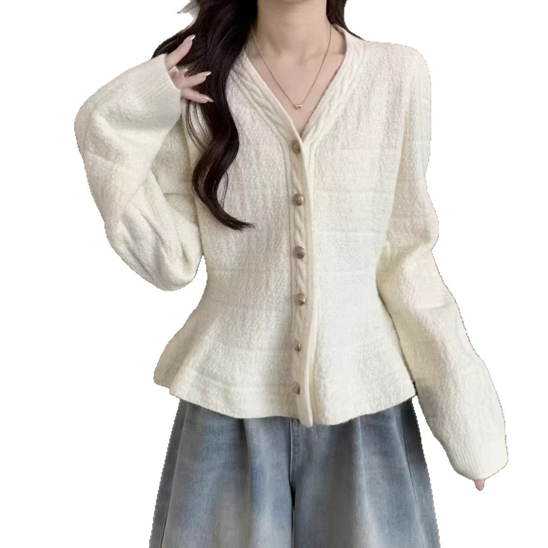 Women's elegant cardigan with structured design and feminine puff sleeves NOVAE