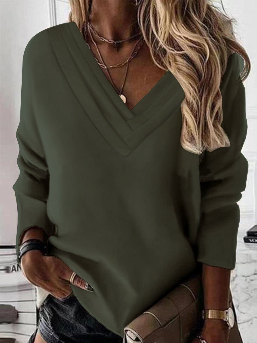 Women's V-neck sweatshirt with elegant pleated details NOVAE