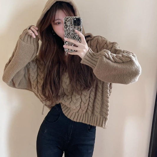 Women's cable knit pullover with hood and V-neck NOVAE