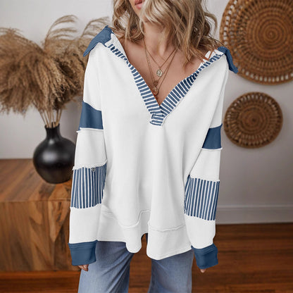 Women's casual sweater with shirt collar and striped sleeves NOVAE