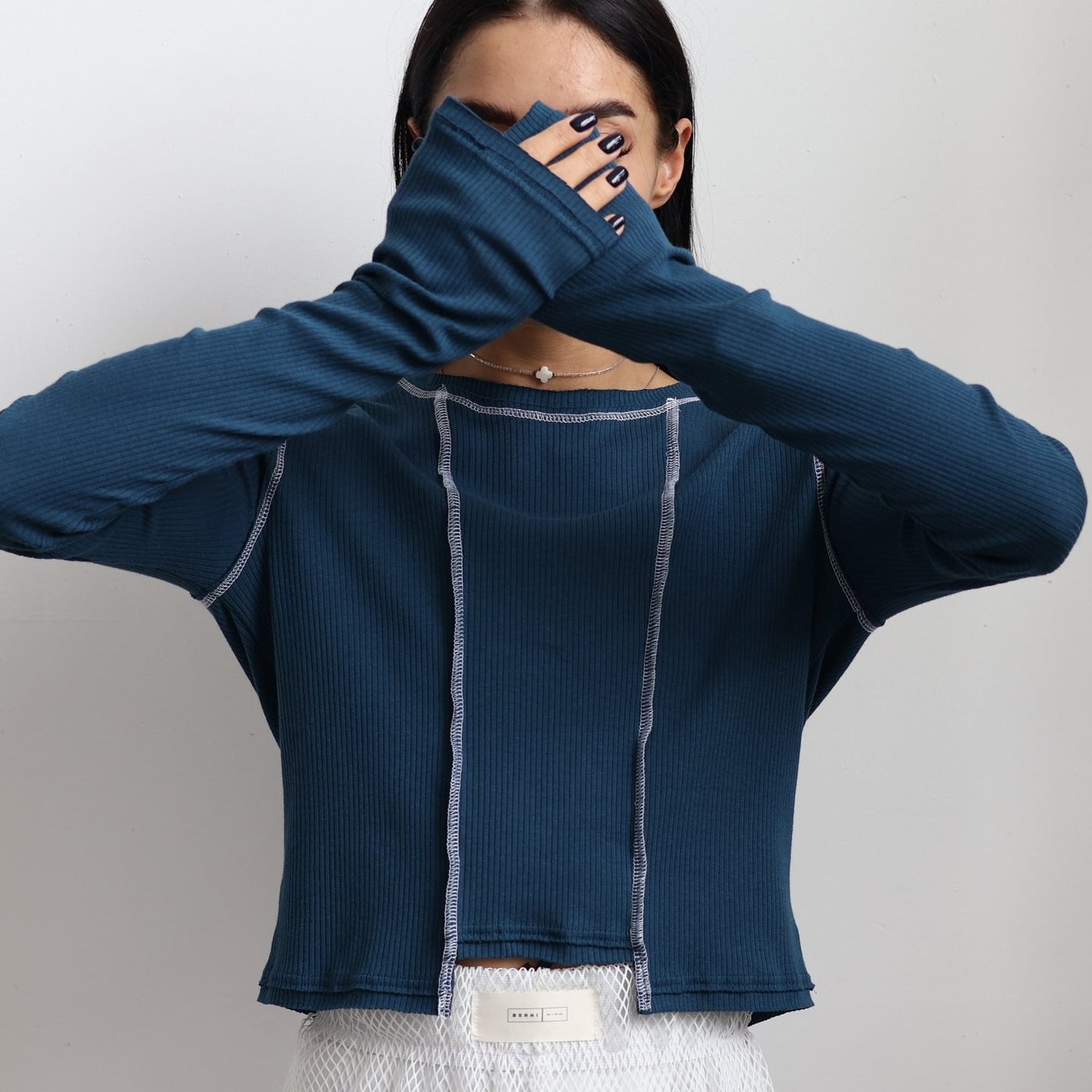 Women's casual long-sleeved top with retro-inspired ribbed texture and contrasting seams NOVAE