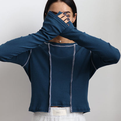 Women's casual long-sleeved top with retro-inspired ribbed texture and contrasting seams NOVAE