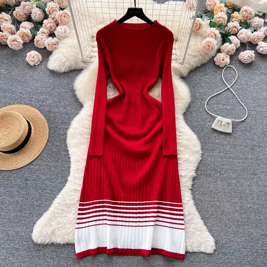 Women's knit dress with high collar and sophisticated striped pattern NOVAE
