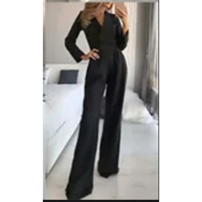 Women's elegant jumpsuit with long legs and classic mock collar NOVAE
